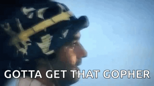 A Man Wearing A Helmet With The Words Gotta Get That Gopher Written On It . GIF