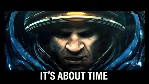 A Man Wearing A Helmet With The Words " It 'S About Time " Below It GIF