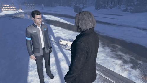 A Man Wearing A Jacket That Says Rk800 Stands Next To Another Man GIF