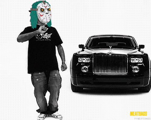 A Man Wearing A Jason Voorhees Mask Standing Next To A Rolls Royce GIF