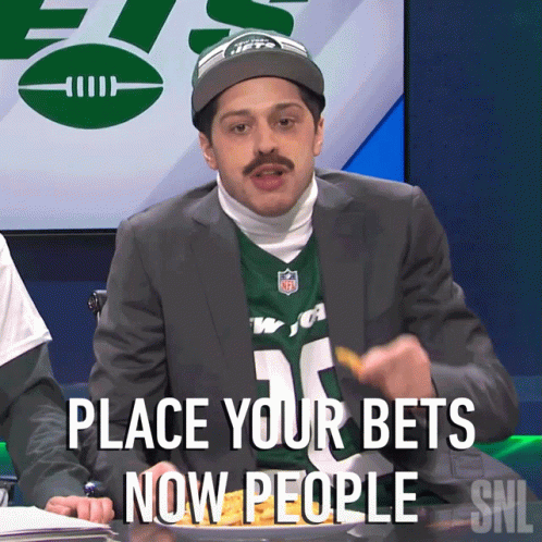 a man wearing a jets jersey says place your bets now people on snl