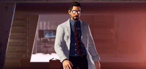 A Man Wearing A Lab Coat And Tie Is Standing In A Room . GIF