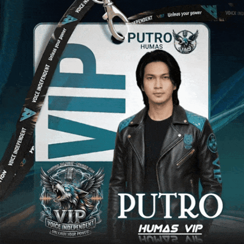 A Man Wearing A Leather Jacket And A Name Tag That Says Putro Humas Vip GIF