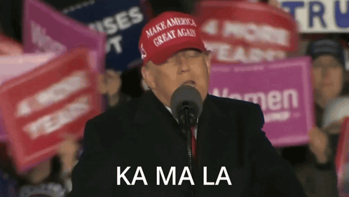 a man wearing a make america great again hat is giving a speech