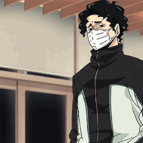 A Man Wearing A Mask And A Jacket Is Standing In Front Of A Window . GIF