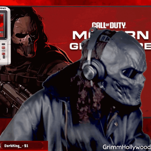 A Man Wearing A Mask And Headphones Stands In Front Of A Call Of Duty Logo GIF