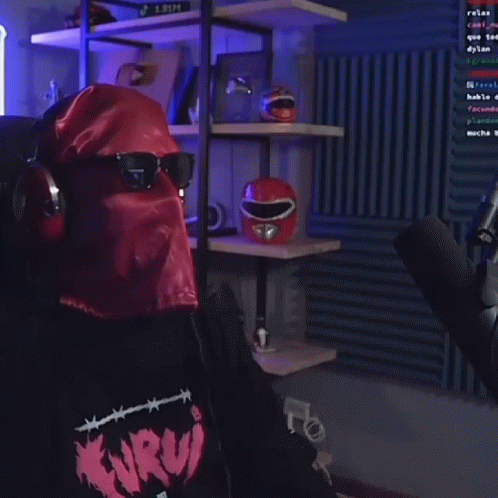 a man wearing a mask and sunglasses is holding a microphone in a room .