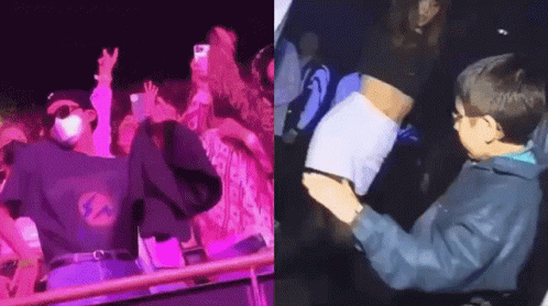 A Man Wearing A Mask Is Dancing In Front Of A Crowd At A Concert While A Boy Holds His Shirt Up . GIF