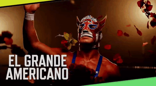 A Man Wearing A Mask With The Words El Grande Americano Written On It GIF