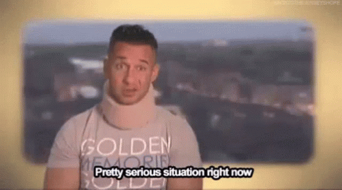 A Man Wearing A Neck Brace And A T-Shirt That Says Golden Memories Is Talking . GIF