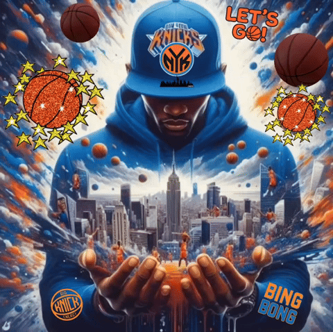 A Man Wearing A New York Knicks Hat Is Surrounded By Basketballs GIF