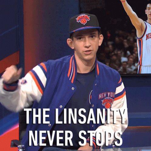 A Man Wearing A New York Knicks Jacket And Hat Says The Linsanity Never Stops GIF