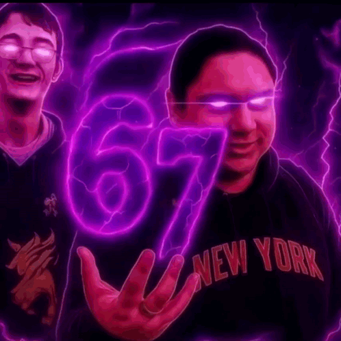 A Man Wearing A New York Shirt Holds Up A Purple Number 67 GIF