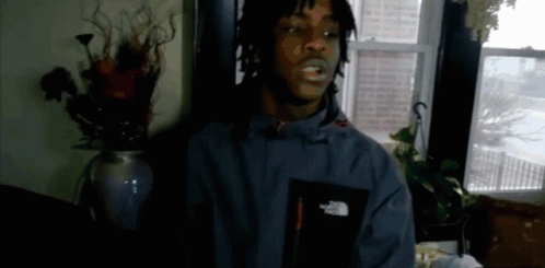 A Man Wearing A North Face Jacket Sits In Front Of A Vase Of Flowers GIF