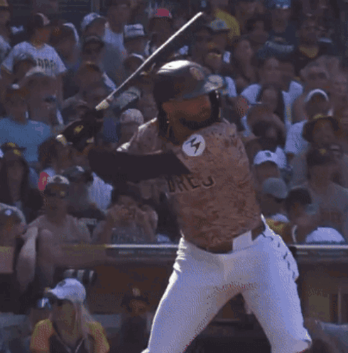 A Man Wearing A Padres Jersey Stands In A Crowd GIF