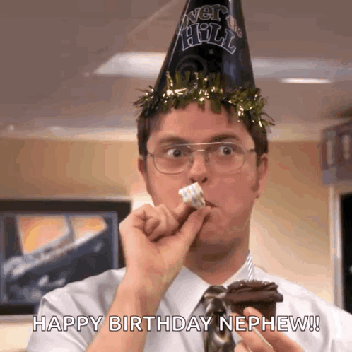 A Man Wearing A Party Hat Is Eating A Cake And Saying Happy Birthday Nephew ! GIF