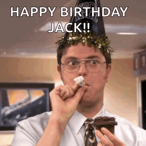 A Man Wearing A Party Hat Is Eating A Cupcake With The Caption Happy Birthday Jack ! GIF
