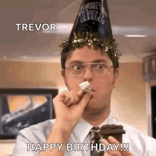 A Man Wearing A Party Hat Is Eating A Piece Of Cake While Holding A Cup Of Coffee . GIF