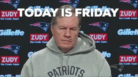 A Man Wearing A Patriots Sweatshirt Is Sitting In Front Of A Sign That Says " Today Is Friday " GIF
