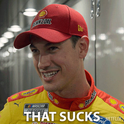 A Man Wearing A Pennzoil Hat Is Smiling And Says That Sucks GIF