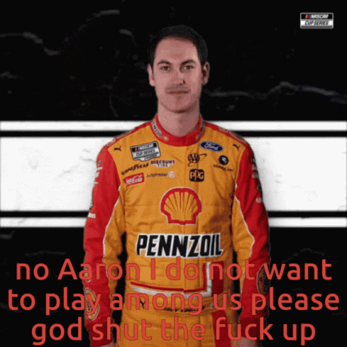 A Man Wearing A Pennzoil Jacket Is Standing In Front Of A Black And White Background GIF