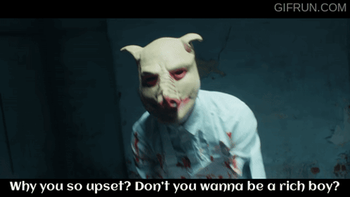A Man Wearing A Pig Mask Says " Why You So Upset " GIF