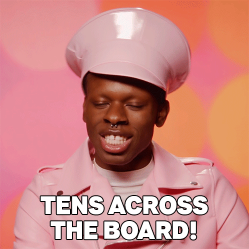A Man Wearing A Pink Hat And A Pink Jacket Says Tens Across The Board ! GIF