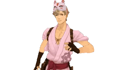 a man wearing a pink robe and a mask with a gear on it