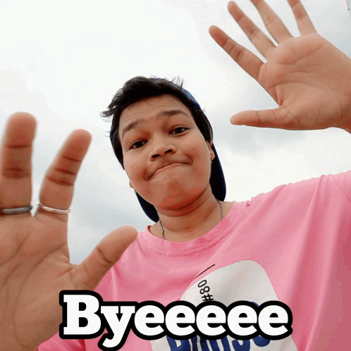 A Man Wearing A Pink Shirt That Says Byeeee GIF