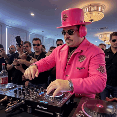 A Man Wearing A Pink Top Hat And Headphones Is Playing Music On A Dj Mixer GIF