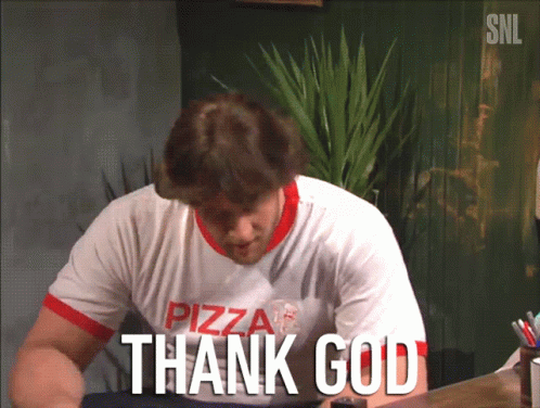 A Man Wearing A Pizza Shirt Is Saying Thank God GIF
