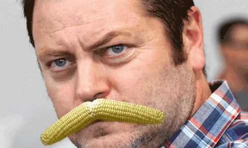 A Man Wearing A Plaid Shirt Has A Corn On The Cob In His Mouth GIF
