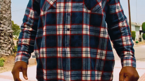 A Man Wearing A Plaid Shirt Is Standing On A Sidewalk GIF
