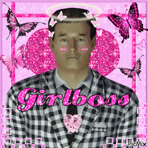A Man Wearing A Plaid Suit And Tie Is Surrounded By Pink Butterflies And The Word Girlboss GIF