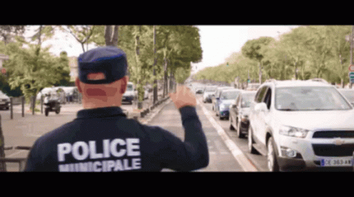 A Man Wearing A Police Municipale Jacket Stands In Front Of A Busy Street GIF