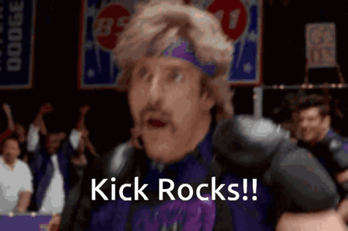 A Man Wearing A Purple Headband And A Black Jacket Says Kick Rocks GIF