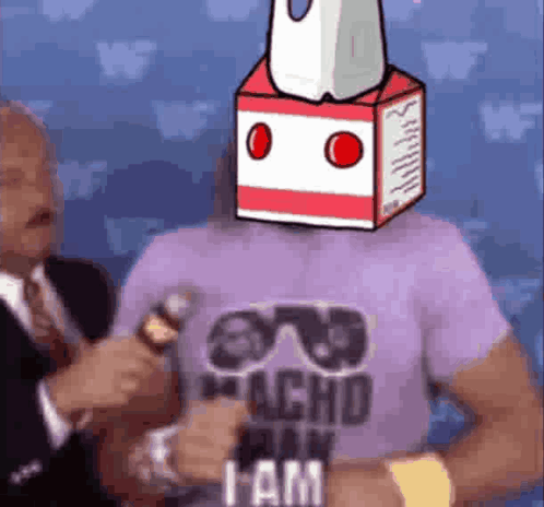 A Man Wearing A Purple Shirt With A Milk Carton On His Head Is Talking Into A Microphone . GIF