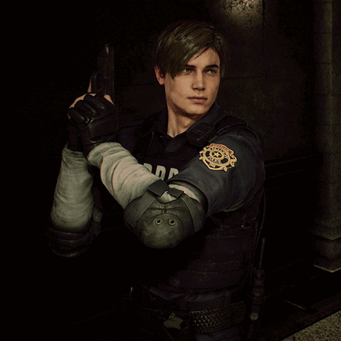 A Man Wearing A R.p.d. Uniform Holds A Gun GIF