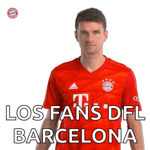 A Man Wearing A Red Adidas Shirt Says Los Fans Dfl Barcelona GIF