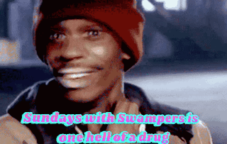 A Man Wearing A Red Beanie Is Smiling With The Words Sundays With Swampers Is One Hell Of A Drug GIF