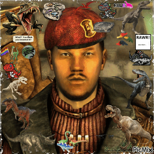 A Man Wearing A Red Beret Is Surrounded By Dinosaurs And A Sign That Says Rawr! GIF