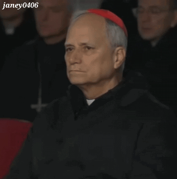 A Man Wearing A Red Hat And A Black Robe Is Sitting In A Crowd With The Name Janey0406 Written Below Him GIF