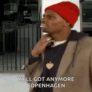 A Man Wearing A Red Hat And A Brown Jacket Is Standing In Front Of A Fence And Smoking A Cigarette . GIF