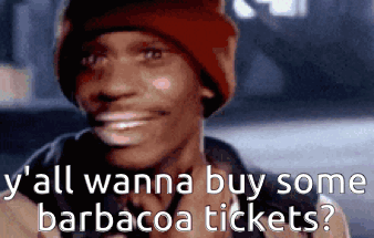 A Man Wearing A Red Hat Is Smiling And Asking If He Can Buy Some Barbacoa Tickets . GIF