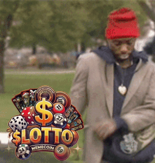 A Man Wearing A Red Hat Is Standing In Front Of A Lotto Memecoin Logo GIF