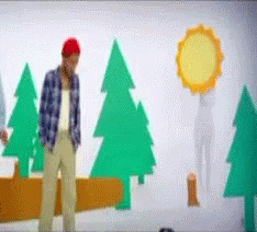 A Man Wearing A Red Hat Stands In Front Of A Wall With Trees And A Sun GIF