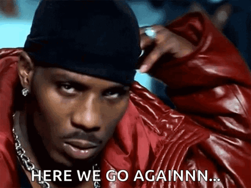 A Man Wearing A Red Jacket And A Black Hat Is Saying Here We Go Againnn GIF