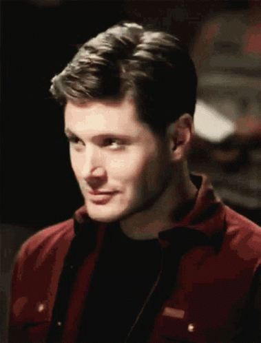 A Man Wearing A Red Jacket And A Black Shirt Is Smiling GIF