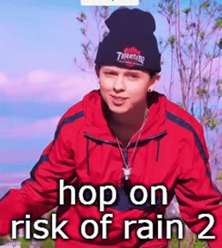 A Man Wearing A Red Jacket And A Thrasher Hat Is Standing In The Rain . GIF