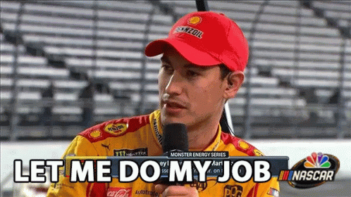 A Man Wearing A Red Shell Hat Is Talking Into A Microphone With The Words " Let Me Do My Job " Below Him GIF